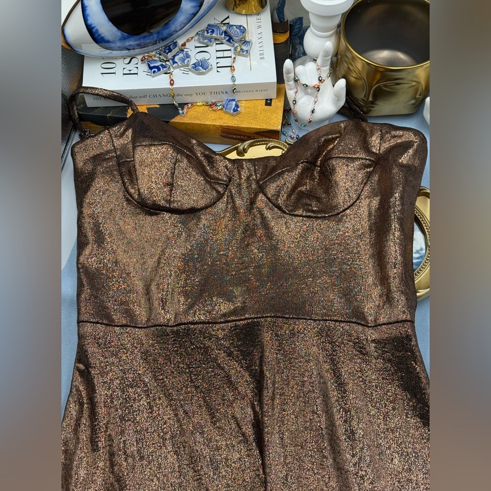 🆕 DRESS THE POPULATION 🧿 NWT Arden Fit and Flare Mini Dress, Brown Bronze Sz M - Picture 14 of 17